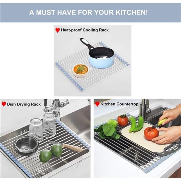 Sink Dish Drying Rack, Gray Kitchen Stainless Steel & Foldable Dish Drainer - Picture 2 of 6